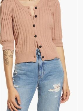 Free People Sloan Ribbed Puff-Sleeve Cardigan Size XL